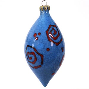 Palla di natale fuso, ceramica azzurro metallizzato decorata a mano con rosso