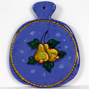 Tagliere sottopentola, smalto berettino decoro frutta in ceramica dipinto a mano