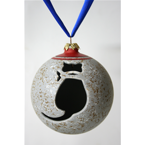 Palla di natale a sfera in ceramica, smalto grigio intagliato gatto seduto