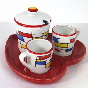 Tazzine da caffè con zuccheriera e vassoio stile Mondrian