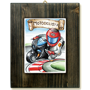 MOTOCICLISTA-quadro mattonella ceramica mestieri caricatura collezione idea regalo scherzo